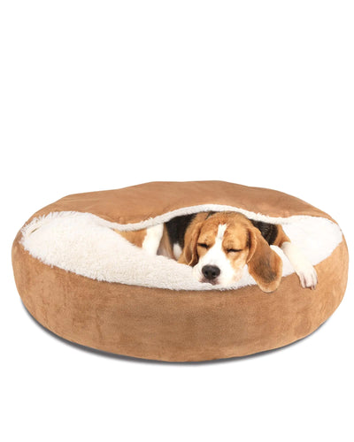 Soft round dog bed with cover cave.